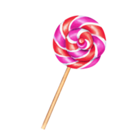 spiraal lolly, cirkel snoepjes. bonbons met gestreept wervelingen, suiker karamel Aan stok. waterverf illustratie. heerlijk ornament voor briefpapier, snoep winkel, op te slaan, ontwerp van ansichtkaart png