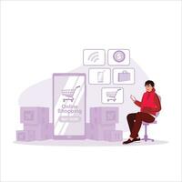 A man sits on a chair, holding a mobile phone and shopping online. Online Shopping concept. vector