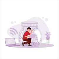 A man who is a bookworm and uses a laptop to study. Internet Addiction concept. Trend Modern vector flat illustration