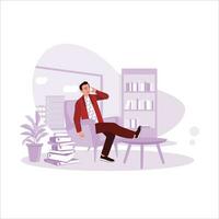 Businessman sitting on the sofa talking on a cell phone, working remotely in a home office. Freelance Productivity concept. Trend Modern vector flat illustration