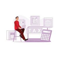 Businessman fills out income tax payment forms online on a laptop. Tax concept. Trend Modern vector flat illustration