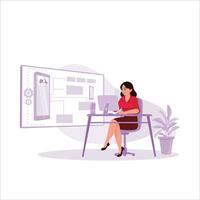 Young female designer working in front of a computer developing new applications and software. Design And Development concept. Trend Modern vector flat illustration