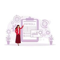 Female accountant examines company payroll financial documents. Payroll concept. Trend Modern vector flat illustration