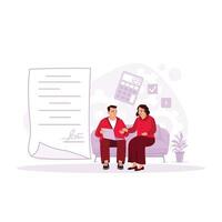 A married couple sits on the sofa calculating the bills that need to be paid. Utility Bills concept. Trend Modern vector flat illustration