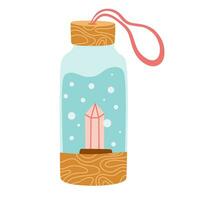 Water bottle with crystal inside. Meditation Item. Hand draw vector illustration.