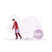 A businessman walks with a burden of debt wrapped around his legs with a rope. Mortgage process concept. Trend Modern vector flat illustration