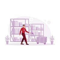 A male employee pushed a trolley containing boxes to the goods storage area. Storage concept. Trend Modern vector flat illustration