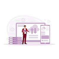 Businessman creates cloud concept to store data on digital tablet. Could Computing concept. Trend Modern vector flat illustration