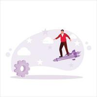 Middle aged businessman standing on a flying rocket showing productivity progress. Productivity Boosting concept. Trend Modern vector flat illustration