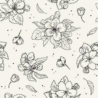 Seamless pattern of blooming apple or cherry tree. Linear hand-drawn vector background for textile, wrapping, wallpaper.