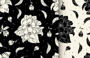 Set of floral seamless pattern with black and white flowers. Vector monochrome background with cherry flowers for textile print, fabric, wrapping.