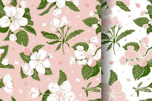 Seamless floral pattern with realistic sakura cherry flowers. Petals elements for romantic banner design, textile, fabric, wrapping, wallpaper. Endless background print. vector