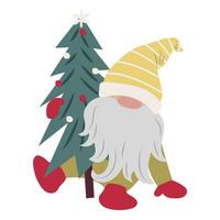 Cute gnome with long beard and yellow striped hat isolated on white. Scandinavian cartoon character with Christmas tree. Fairy tale dwarf vector