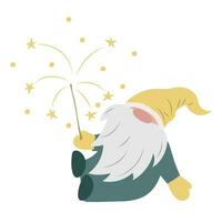 Cute gnome with long beard and yellow hat isolated on white. Scandinavian cartoon character with sparkler for Christmas decoration. Fairy tale dwarf vector