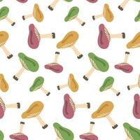 Pattern with colored russula on a white background. Yellow, green, purple cartoon big mushroom in different positions. Design template for textiles, wallpaper, print. russula on a seamless background vector