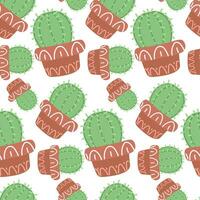 Cute seamless cactus pattern with plant pot on white background. Vector image of a round, prickly houseplant scattered rotated in different directions. Green cactus for printing on textiles and paper