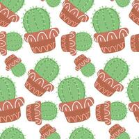 Cute seamless cactus pattern with plant pot on white background. Vector image of a round, prickly houseplant scattered rotated in different directions. Green cactus for printing on textiles and paper