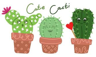 A set of cute cacti with funny faces in pots. It can be used for postcards, invitations or as a sticker. Emotional house plants on a white background. Isolated prickly collection Printing for stickers vector