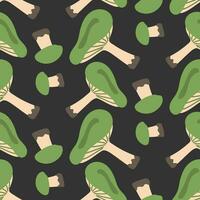Vector seamless pattern with russula green on a gray background. Seamless texture, hand-drawn cartoon group of small and large mushrooms. Design template for textiles, wallpaper, print. russula green