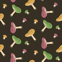 A pattern with colored raw teeth on a dark background. Yellow, green, purple cartoon big mushroom in different positions. Design template for textiles, wallpaper, print. raw tooth on a seamless vector