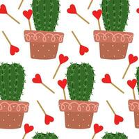 Cute seamless pattern of a cactus in a pot with a heart on a white. The vector image of a prickly houseplant is scattered, rotated in different directions. Green cactus for printing on textiles, paper