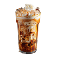 con hielo latté café, un refrescante frío bebida aislado en un claro como el cristal transparente fondo, perfectamente conjunto con hielo cubitos, leche, y un sorbiendo paja, ai generativo png