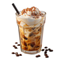 con hielo latté café, un refrescante frío bebida aislado en un claro como el cristal transparente fondo, perfectamente conjunto con hielo cubitos, leche, y un sorbiendo paja, ai generativo png