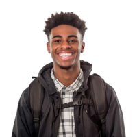 de cerca de un sonriente negro masculino Universidad alumno, aislado en un transparente fondo, celebrando académico éxito y confianza, ai generativo png