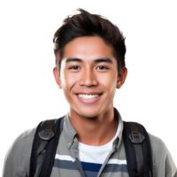 detailopname van een glimlachen Aziatisch mannetje Universiteit leerling, geïsoleerd Aan een transparant achtergrond, vieren academisch succes en vertrouwen, jongen leven, ai generatief png