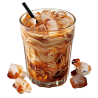 con hielo latté café, un refrescante frío bebida aislado en un claro como el cristal transparente fondo, perfectamente conjunto con hielo cubitos, leche, y un sorbiendo paja, ai generativo png