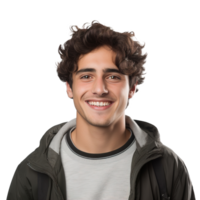 de cerca de un sonriente masculino Universidad alumno, aislado en un transparente fondo, celebrando académico éxito y confianza, chico vida, ai generativo png