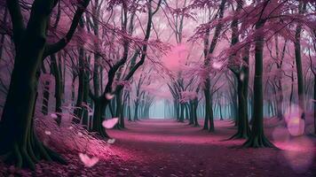 Ai generative, a pink forest with trees and butterflies video