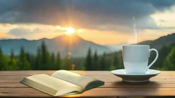 ai generativo, uma copo do café e uma livro em uma de madeira mesa dentro frente do uma lindo montanha Visão video
