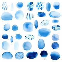 AI Generated Collection of hand drawn shapes with blue watercolor drawings, splotches, abstract design elements photo