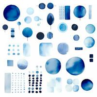 AI Generated Collection of hand drawn shapes with blue watercolor drawings, splotches, abstract design elements photo