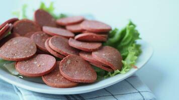 Close up of Traditional smoked salami sausage video