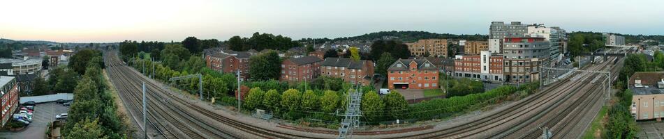 Ultra Wide Aerial Panoramic View of Illuminated Downtown Buildings, Roads and Central Luton City of England UK at Beginning of Clear Weather's Night of September 5th, 2023 photo