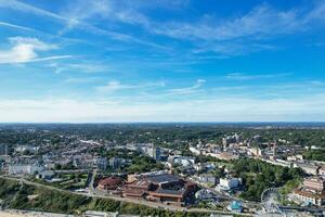 Ariel Footage of Attractive Tourist Destination at Bournemouth City Sandy Beach and Ocean of England Great Britain, Aerial Footage Captured with Drone's Camera on August 23rd, 2023 During sunny Day. photo