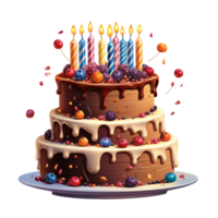 Sweet chocolate happy birthday cake with candles png ai generative