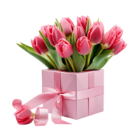 Red tulips with card and pink gift box cutout png ai generative