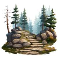 Path between rocks and fir trees ai generative png