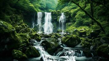 waterval in diep Woud Aan berg lus, ai gegenereerd video