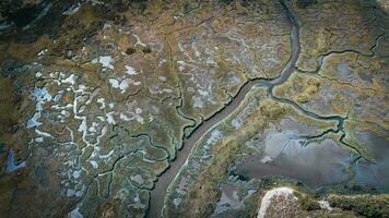 Aerial view of low tide with visible river bed by the beach Llanfairfechan, North Wales, Cymru, UK photo