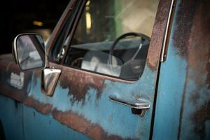 Classic, vintage truck, rat rod, with paint pealing off at the garage photo