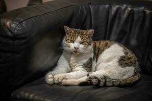 Entitled cat spend his time in an office in leather chair photo