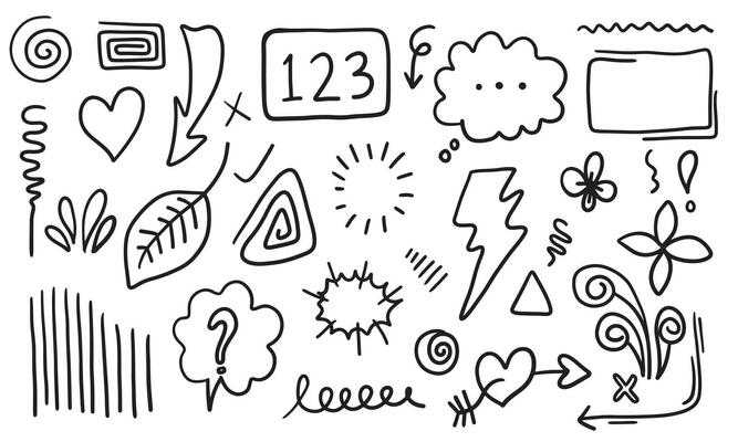 Hand drawn set elements, black on white background. Arrow, heart, love, star, leaf, sun, light, flower, crown, king, queen,Swishes, swoops, emphasis ,swirl, heart, for concept design.