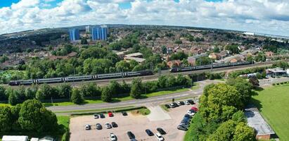 Aerial Wide Angle Panoramic View of North Luton City Residential Estate of England Great Britain UK. The High Angle Footage Was Captured with Drone's Camera on August 15th, 2023 photo
