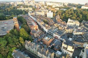 Beautiful Aerial Footage of British Tourist Attraction at Sea View of Bournemouth City of England Great Britain UK. High Angle Image Captured with Drone's Camera on September 9th, 2023 During Sunset photo