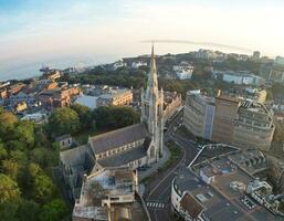 Aerial Panoramic View of British Tourist Attraction at Sea View of Bournemouth City of England Great Britain UK. High Angle Image Captured with Drone's Camera on September 9th, 2023 During Sunset photo