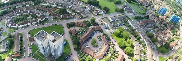 Aerial Wide Angle Panoramic View of North Luton City Residential Estate of England Great Britain UK. The High Angle Footage Was Captured with Drone's Camera on August 15th, 2023 photo